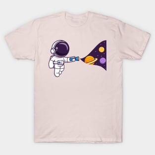 Cute Astronaut With Flashlight In Space Cartoon T-Shirt